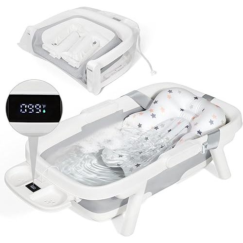 Orzbow Collapsible Baby Bathtub, Large Baby Bath Tub for Newborn with Soft Cushion & Thermometer, Travel Portable Baby Tubs for Infants to Toddler 0-36 Months, Gray