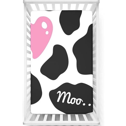 Cow Print Themed Fitted Mini Crib Sheets,Portable Mini Crib Sheets Soft and Breathable Bed Sheets -Great for Boy or Girl Room or Nursery,38“ x24“,White Black Pink