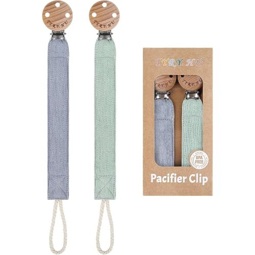 TYRY.HU Ribbon Pacifier Clip Holder,2 Pack Binky Paci Holder Clips, Pacifier Leash for Baby Boys and Girls,Fabric Pacifier Strap Universal Fits for Most Pacifier, Styles & Teethers Toys(Blue,Green)