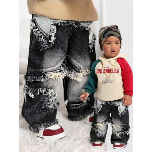 SHEIN Baby Boy Vintage Fashion Frayed Star Patchwork Decor Loose Fit Black Denim Baggy Jeans Fall Winter,For Baby Fall/Winter Dailywear,Streetwear,Halloween,Christmas,Winter,Warm Jeans