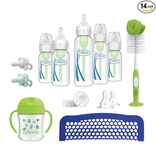 Dr. Brown's Natural Flow Anti-Colic Options+ First Year Feeding Set with Newborn Baby Bottles, Soft Spout Transition Cup, Bottle Cleaning Brush & 100% Silicone HappyPaci Pacifier, 0m+