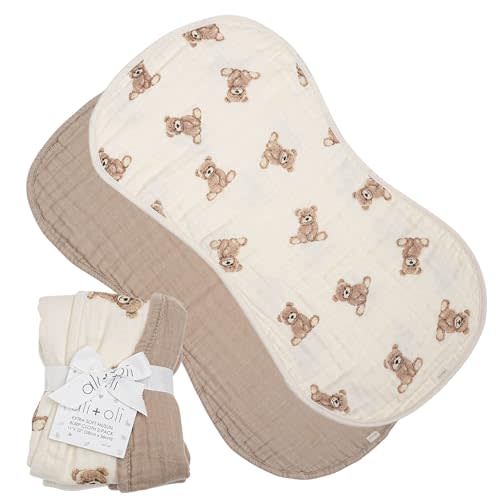 Ali+Oli 2-pk Muslin Burp Cloths for Baby Boys and Girls (Teddy-Taupe) Organic Baby Burp Cloth, Burp Rags for Newborn