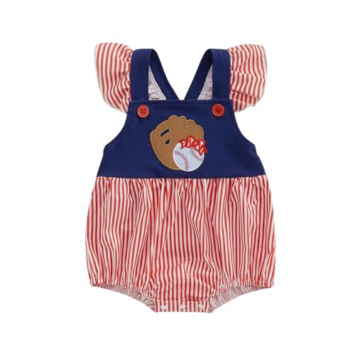 GINEVSAL Baby Girl Baseball Outfits Fly Sleeve Stripe Print Square Neck Baseball Embroidery Romper Newborn Summer Clothes