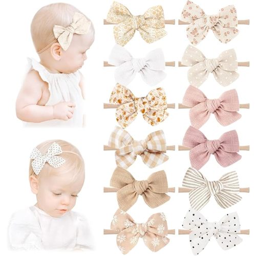 Niceye Handmade Hair Accessories: 12 Packs of Stretchy Nylon Headbands and Bows for Newborns, Infants, Toddler Girls