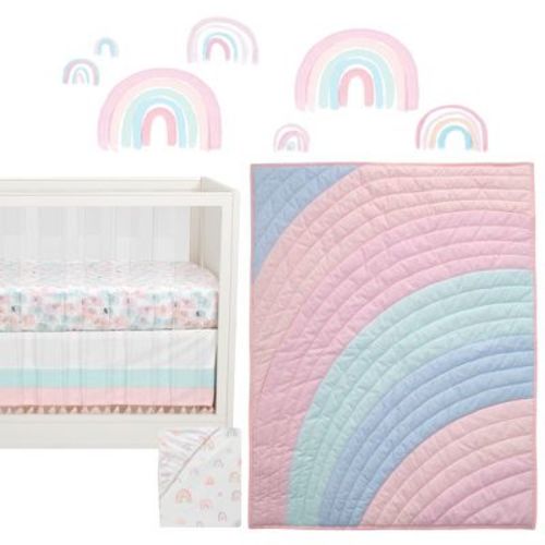 Lambs & Ivy Watercolor Pastel Pink/Mint Rainbow 5-Piece Baby Crib Bedding Set
