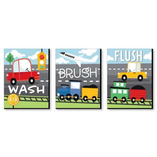 Cars, Trains, and Airplanes - Transportation Kids Bathroom Rules Wall Art - 7.5 x 10 inches - Set of 3 Signs - Wash, Brush, Flush