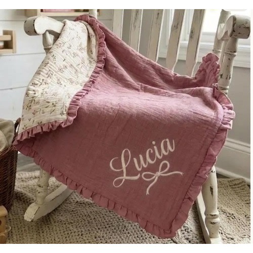 Personalized Muslin Baby Blanket, Embroidered Name, Blush Pink Floral Swaddle (31.5x39.4 inches)