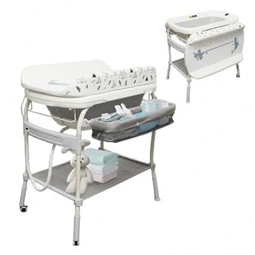 2 in 1 Baby Bathtub with Changing Table, DEYGIA Waterproof Diaper Changing Station Portable Changing Table Adjustable Height Nursery Organizer with Storage Racks for Newborn Infant Toddler