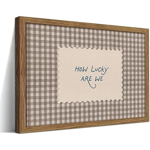 How Lucky Are We Wall Art, Vintage Gingham Inspirational Canvas Wall Decor Painting, Funky Preppy Stripe Quotes Poster Print Picture for Bedroom Dorm Apartment Decor 12x16 Inch Framed