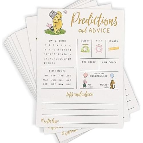 Printed Party Baby Predictions & Advice Cards – Classic Pooh Theme, Winnie Baby Shower Game for Guests, Gender Reveal Activity for Boy or Girl Activity, 30 Pack