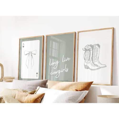 Sage Cowgirls Print Set of 3, Coastal Cowgirl Poster, Girly Western Wall Art, Coquette Aesthetic for Green Dorm Decor, Digital Download