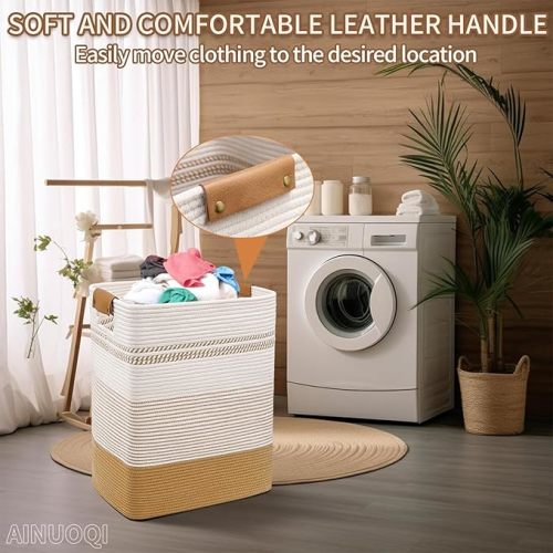 Large Laundry Hamper Basket, 85L Cotton Rope Woven Storage Bin for Blankets, Dirty Clothes Toys, Decorative Tall Basket with Leather Handles for Living Room, Bedroom, Bathroom, Nursery, Jute