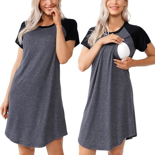 Women Sleepshirts 3 in 1 Labor/Maternity/Nursing Nightgown Short Sleeve Breastfeeding Sleep Dress XS-3XL
