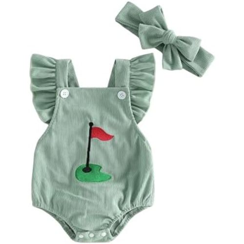Lamuusaa Newborn Baby Girl Golf Outfit Ruffle Fly Sleeve Golf Embroidery Romper Backless Bodysuit Headband Summer Clothes
