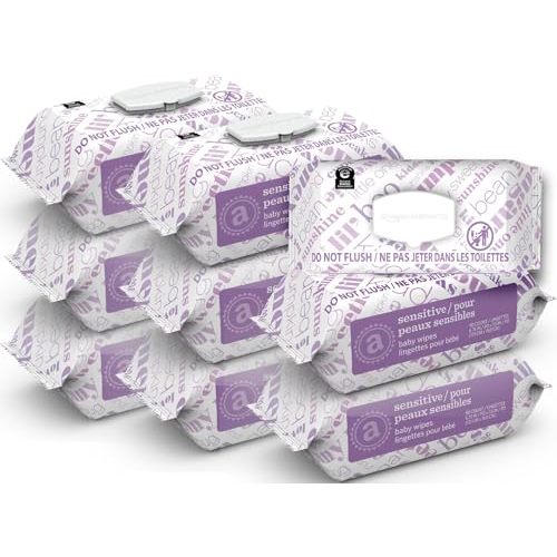 Amazon Elements Baby Wipes, Sensitive, Unscented, Cleans Gently, 810 Count, Flip-Top Packs, Pack of 9
