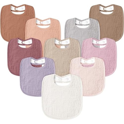 Susurration Muslin Baby Drool Bibs 10Pack Soft Square Adjustable Bandana Bibs for Unisex Baby Girls & Boys