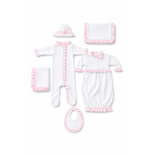 White with Baby Pink Ruffle Personalized Baby Coming Home Set – Caprilina