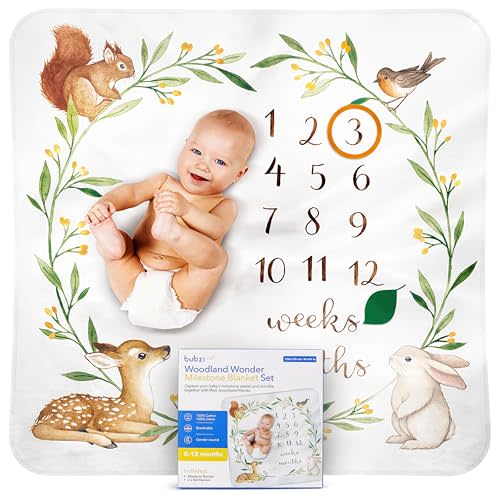 Bubzi Co Baby Monthly Milestone Blanket, Soft Woodland Photo Blanket for Baby Boy & Baby Girl, Nursery Bed Blanket, Newborn Essentials, Baby Registry Must Haves