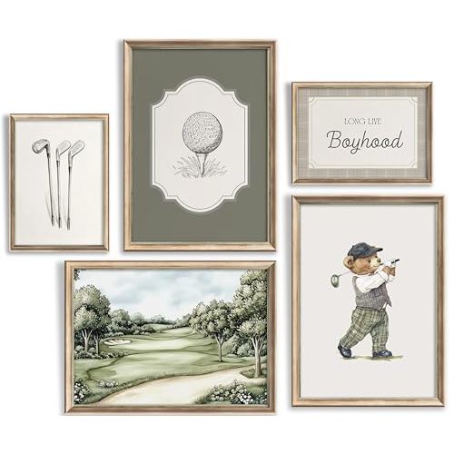 Vintage Golf Nursery Wall Art Retro Sport Kids Room Canvas Wall Decor Teddy Bear Pictures Sage Green Antique Posters Baby Animal Painting Print Artwork for Baby Boy Girl Room Playroom, Unframed