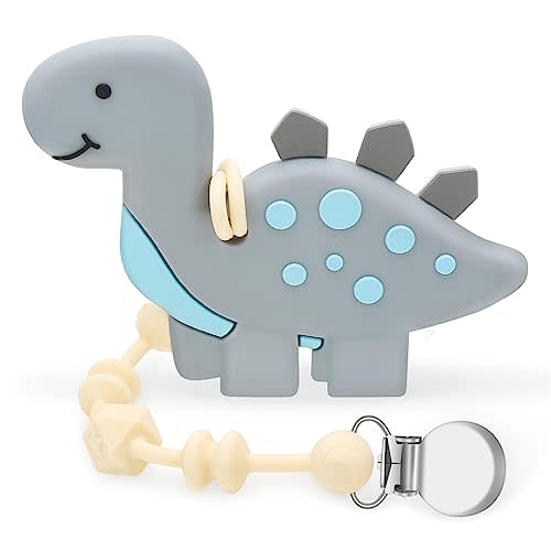 Baby Teething Toys for Babies, Dinosaur Teether Pain Relief Toy with One Piece Design Pacifier Clip Holder Set, Freezer Safe Neutral Shower Gift for Boys and Girls (Gray)