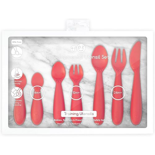 ezpz Developmental Utensil Set (Coral) - 100% BPA Free Fork, Spoon, Knife for Babies, Toddlers and Preschool - First Foods + Self-Feeding - Designed by a Pediatric Feeding Specialist
