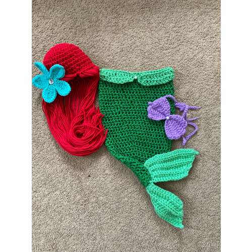 Princess Ariel Inspired Mermaid Costume/Princess Ariel Mermaid Tail/Ariel Wig Hat/Princess Photo Prop Newborn to 18 Months- MADE TO ORDER
