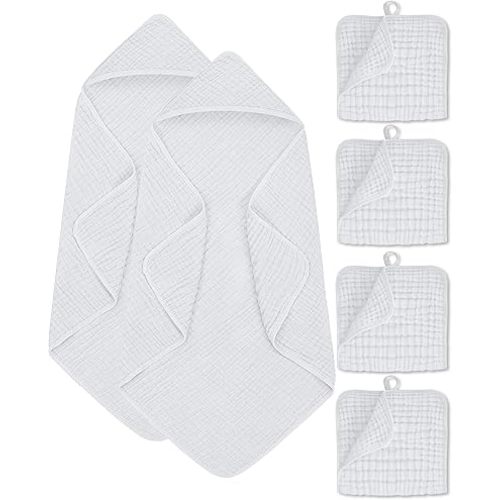 6Pcs Baby Muslin Hooded Bath Towels and Washcloths,32"x 32" Muslin Cotton Hooded Baby Towels for Newborn Shower