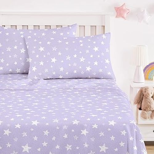 Wake In Cloud - Star Bed Sheets, 4-Piece Sheet Set, Cute Starry Galaxy Pattern Printed Bedding for Girls Boys Teens Kids, Deep Pocket, Light Purple, Twin Size