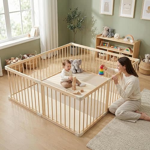 MIMI BEDS MESSI Wooden Playpen for Kids Indoor & Outdoor Use, Foldable Pine Wood Play Yard with Flexible Connectors, Spacious Freestanding Play Area for Bedrooms & Playrooms