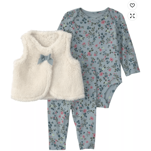 Baby Girls' Floral Teddy Fleece Sleeveless Layering Vest, Bodysuit and Pants, 3-Piece Set