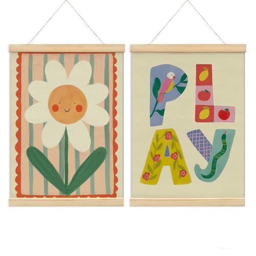 NaZaUK Boho Floral Sun Nursery Wall Art, Playroom Classroom Wall Decor, Playroom Calming Corner Classroom Counseling Office Poster Hanger Frame, Play Poster for Kids Bedroom, 12x16 Inch, Set of 2