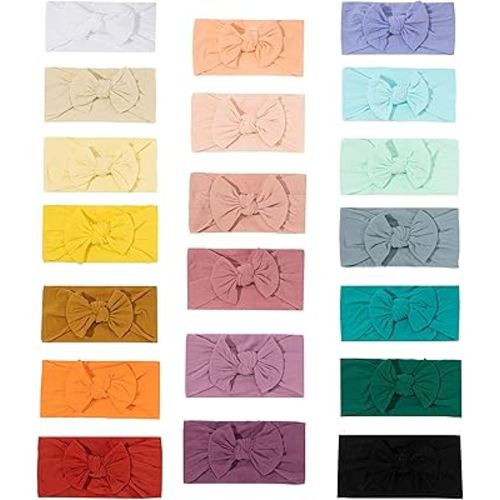 20PCS Baby Soft Nylon Headbands Hairbands With Hair Bows,Elastics Head Wrap Hair Accessories for Newborn Baby Girls Infant Toddlers Kids (ONE SIZE FIT ALL)
