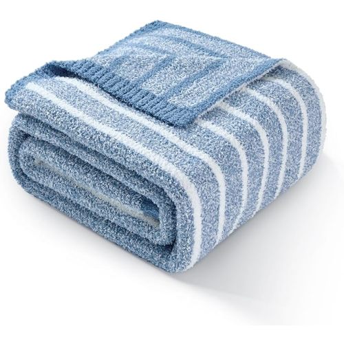 Snuggle Sac Ultra Soft Blue Throw Blanket for Couch, Reversible Cozy Knitted Ribbed Blankets, Fuzzy Knit Striped Throws for Sofa, Bed, Home Decor, Blue 50"x60"