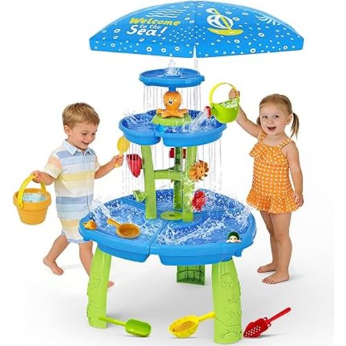 Handwell Water Table for Toddlers 3-5, 3-Tier Rain Showers Splash Pond Water Play Table with Umbrella & Water Toy Accessories, Kids Summer Outdoor Toys, Water Activity Sensory Playset for Boy Girls 3+