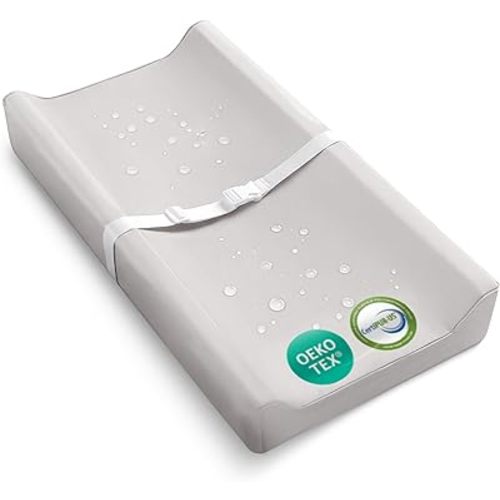 Waterproof Vegan Leather Contoured Baby Changing Pad | Wipe-Clean PU Leather Diaper Change Mat, Soft, Wipeable Removable & Washable Cover, Non-Slip Bottom, Standard Infant Diaper Table & Dresser Grey