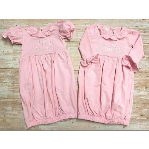 Monogram Baby Girl gown set, Infant gown bib burp cloth set, baby gown, personalized burp cloth, bib, ruffle gown, going home gown, day gown