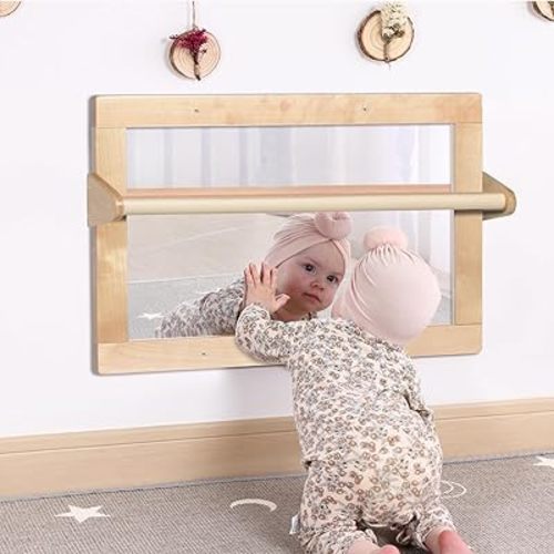 Baby Montessori Wooden Frame Non-Shatter Safety Mirror w/ 2 Pull Up Bars, Infant Coordination Small Mirror for 6-18 Months (Natural)
