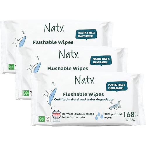 Naty Flushable Baby Wipes | 98% Water, Hypoallergenic & Natural for Sensitive Skin | Unscented, Fragrance-Free, Plant-Based | Plastic-Free, Water-Degradable | Newborn & Toddler | 168 Count (3 Packs)