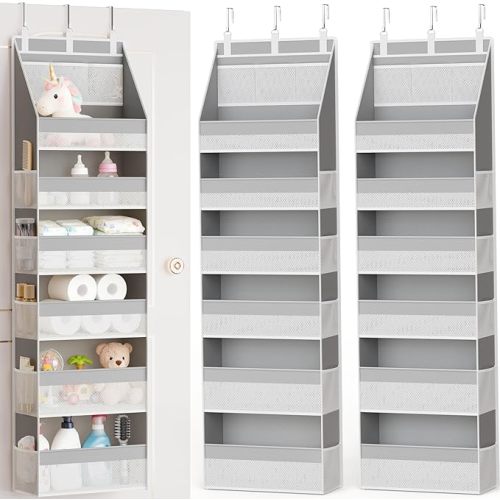 Criusia 2 Pack Over the Door Organizer, 6-Shelf Closet Hanging Storage with 13 Mesh Pockets, 55lbs Capacity Behind the Door Storage for Baby Nursery, Bathroom, Bedroom, and Dorm, Beige