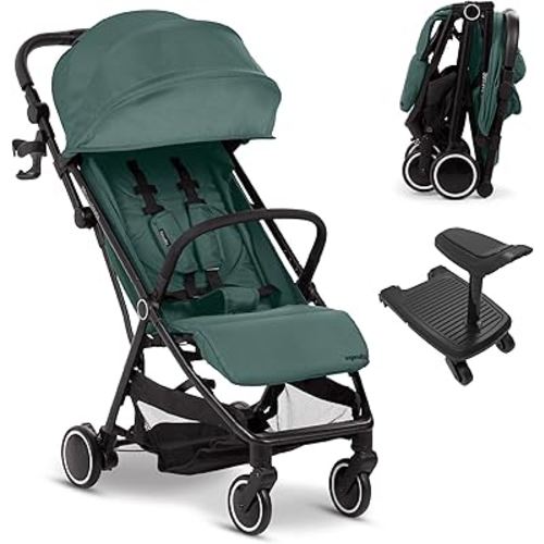 Ingenuity 3D Travelmate Pro Lightweight Travel Stroller with Fold-Away Ride-On Board, Overhead Bin Compatible, Car Seat Ready, One-Hand Fold, Protective