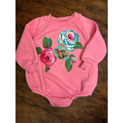Turquoise Cowgirl & Roses on Hot Pink Sweatshirt Onesie, Size 6-12 mons.