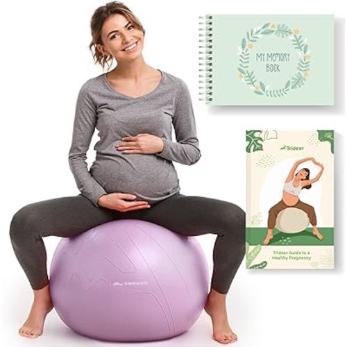 Trideer Pregnancy Birthing Ball - 1.7mm Extra Thick Yoga Ball for Maternity, Labor, Exercise, Physio, Recovery - Guide & Baby Memory Book Included - 440LB Anti-Burst & Non-Slip Stability