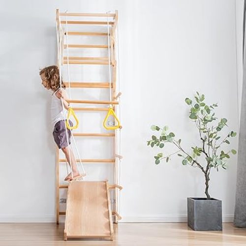7 in 1 Wooden Climbing Toy Set for Kids, Indoor Toy Gym Playset with Slide, Swing, Rope Ladder, Gymnastics Rings & Monkey Bar, Wall Mounted Natural Wood Play Gym for 3+ y.o. Boys & Girls