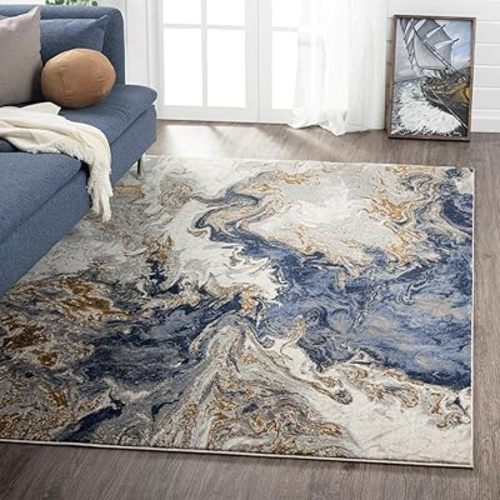LUXE WEAVERS Marble Collection Blue Area Rug 6x9 Modern Abstract Swirl Design Non-Shedding Carpet