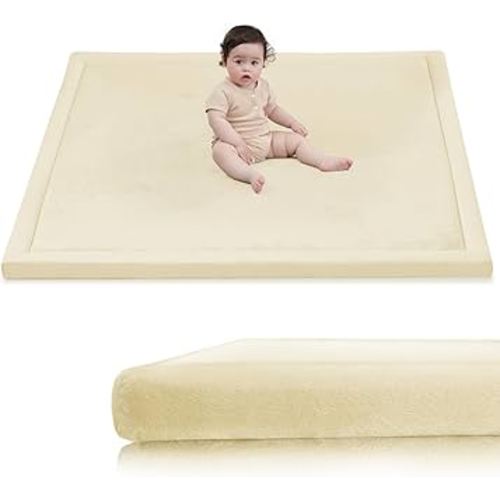 Baby Play Mat for Floor, 1.3" Thick Elasti-Foam 50x50 Playpen Mat for Toddlers Infant Kids,Water-Repellent Soft Velvet for Tummy Time, Non-Slip Backing for Crawling, Tatami Style(Vanilla)