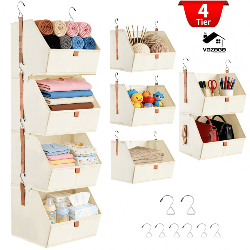 VOZOGO, Hanging Closet Organizer, 4 Tier, Space-Saving Beige