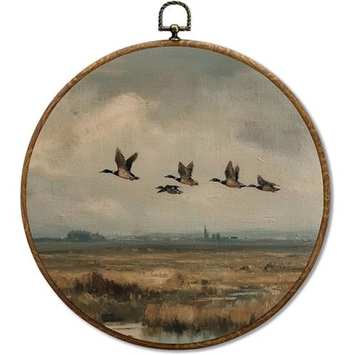 JUIOEIU Vintage Flying Duck Round Wall Decor, Rustic Mallard Duck Framed Canvas Prints, Farmhouse Country Waterfowl Landscape Wall Art Hanging Decorations for Home Bedroom Living Room Decor, 10x10in