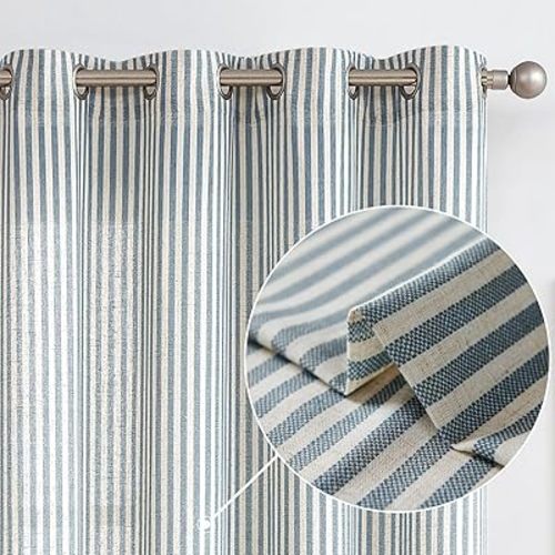 Vangao Linen Blend Stripe Curtains Tickingstripe Light Filtering Window Curtains Blue Pinstripe Printed on Beige Drapes 84 Inches Long for Living Room Bedroom Grommet Top 2 Panels
