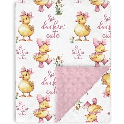 Pink Baby Blankets for Girls 30" x 40", Soft Double Layer Minky Blanket with Dotted Fleece Back, Nursery Bed Receiving Quilt for Newborn Infant Toddler Shower Gift Cute Ducks Bow Theme