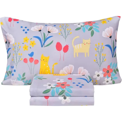 Scientific Sleep Kitty Cats Flowers Girls Kids Toddler Teens 100% Cotton Twin Bed Sheet Set, Flat Sheet & Fitted Sheet & Pillowcase Bedding Set (Cats Flower, Twin)